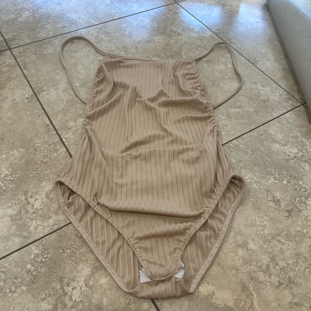 Boohoo Beige Ribbed One Piece Swimsuit